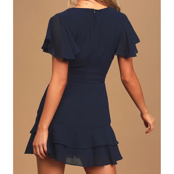 NWOT Lulus Large Sweet Like You Navy Ruffled Mini Dress Navy Blue Short Sleeve - Picture 2 of 9